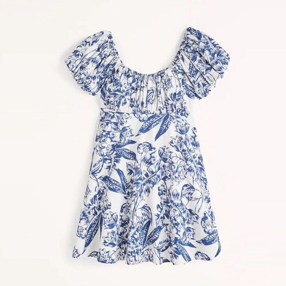 NWT Abercrombie and Fitch Ruched Puff Sleeve Mini Dress Size Medium Blue White